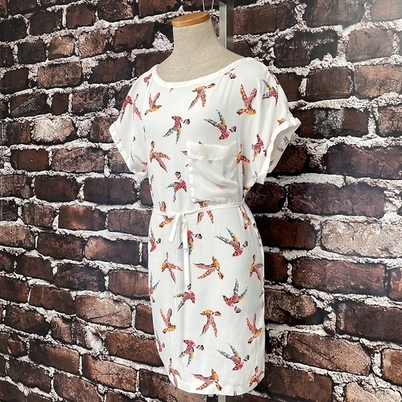 Zara Basic Dress Short Sleeve Knee Length White Orange Bird Print X Small XS - Picture 5 of 16